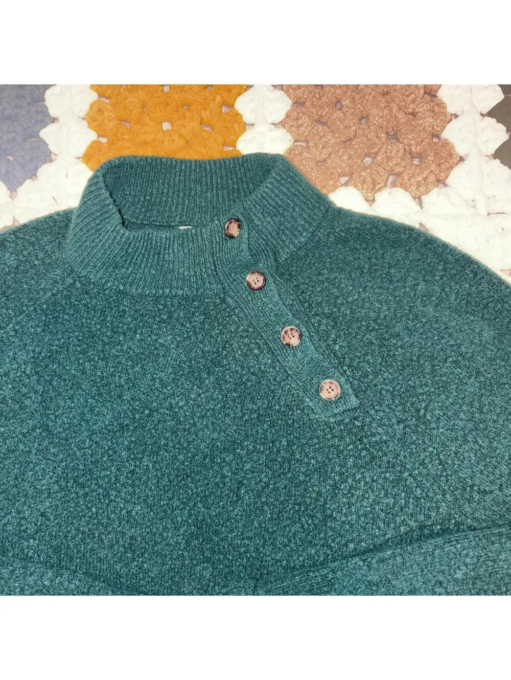J.Crew Merino Wool Blend Women's XS Green Buttoned Mock Neck Sweater Cozy Casual